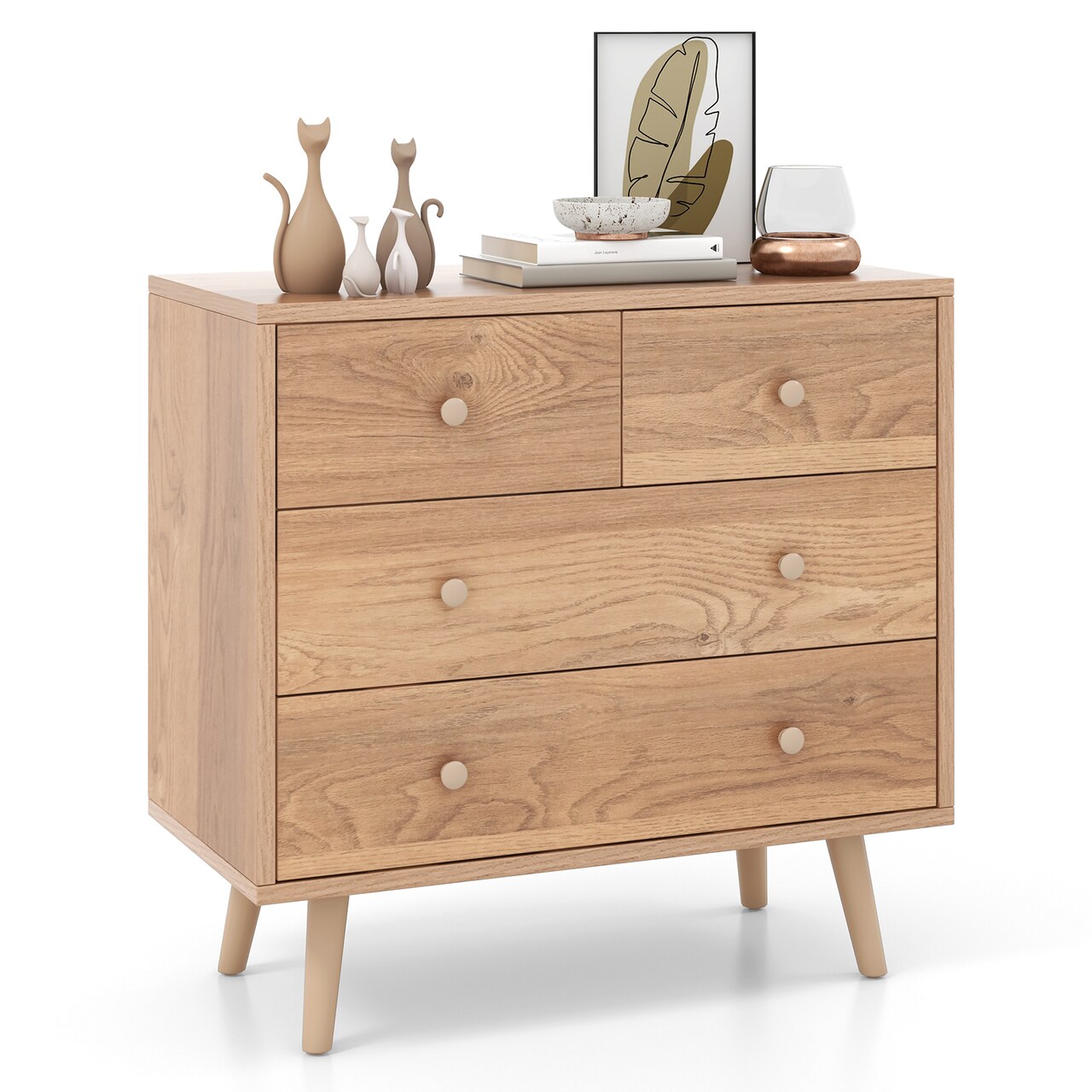 Natural Storage Dresser Cabinet 4 Drawers with Rail and Rubber Feet